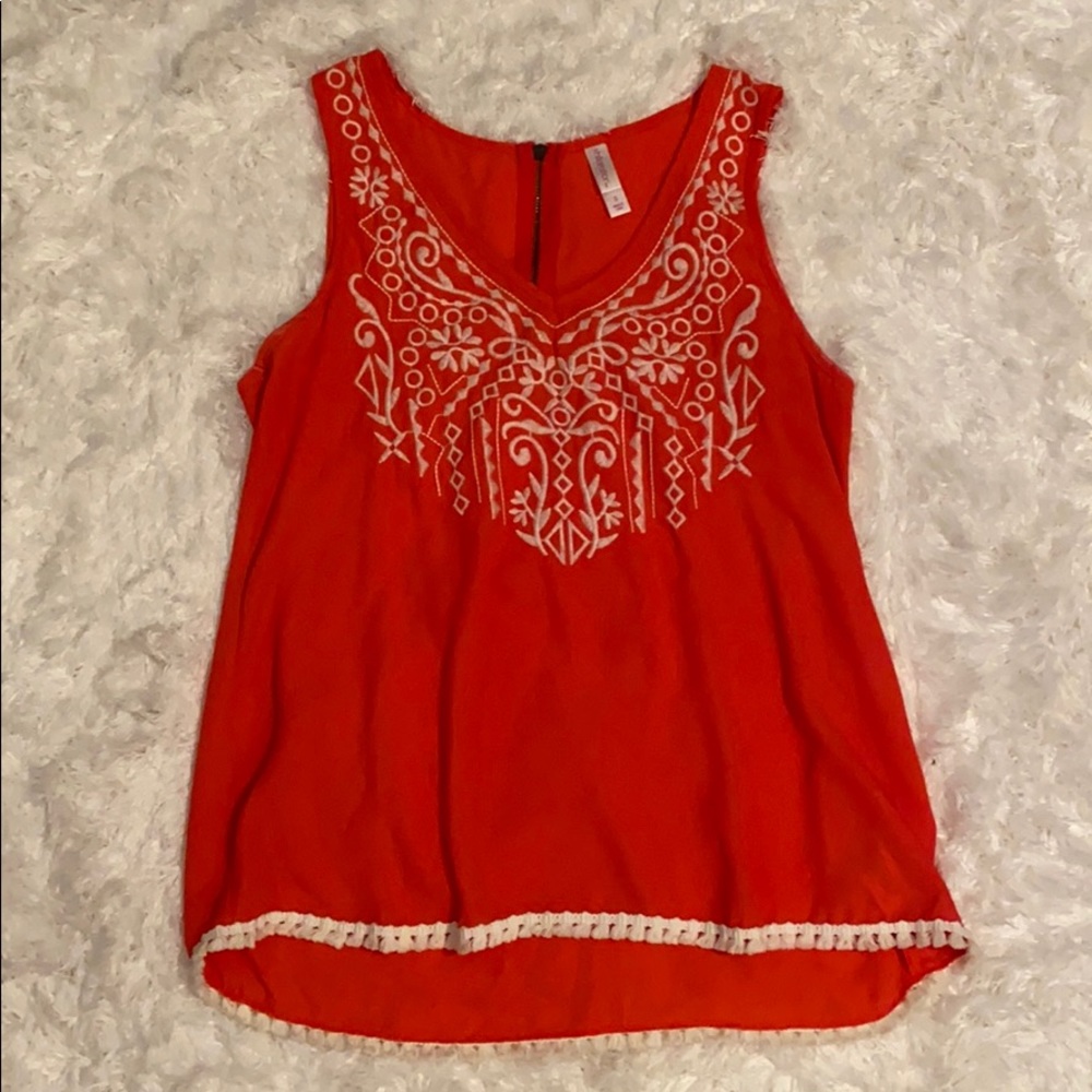 Bright coral & ivory embroidered blouse size S